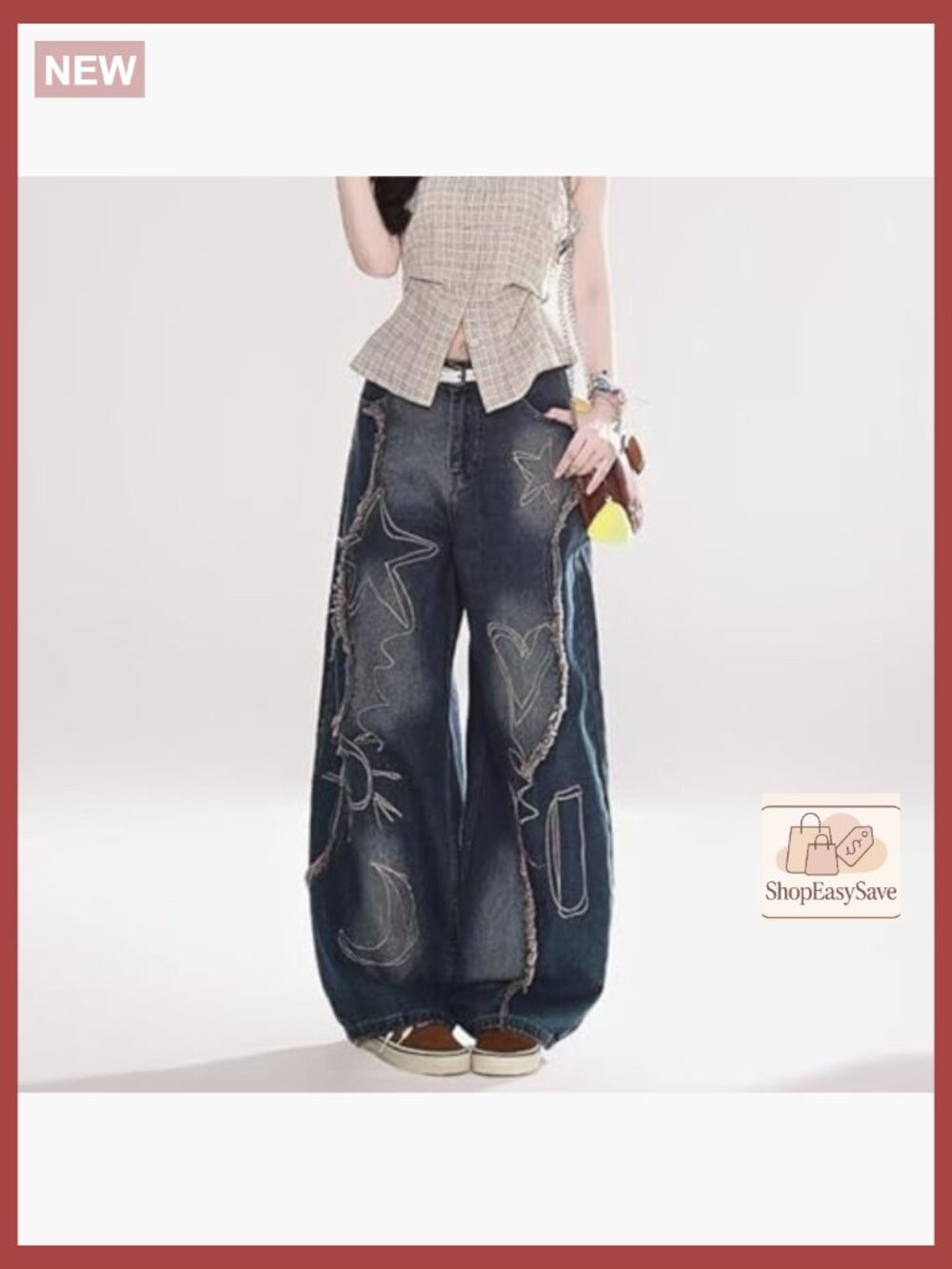 Embroidered Patchwork Barrel Jeans Wide Leg Baggy Denim Pants Y2K Trendy - Picture 3 of 7